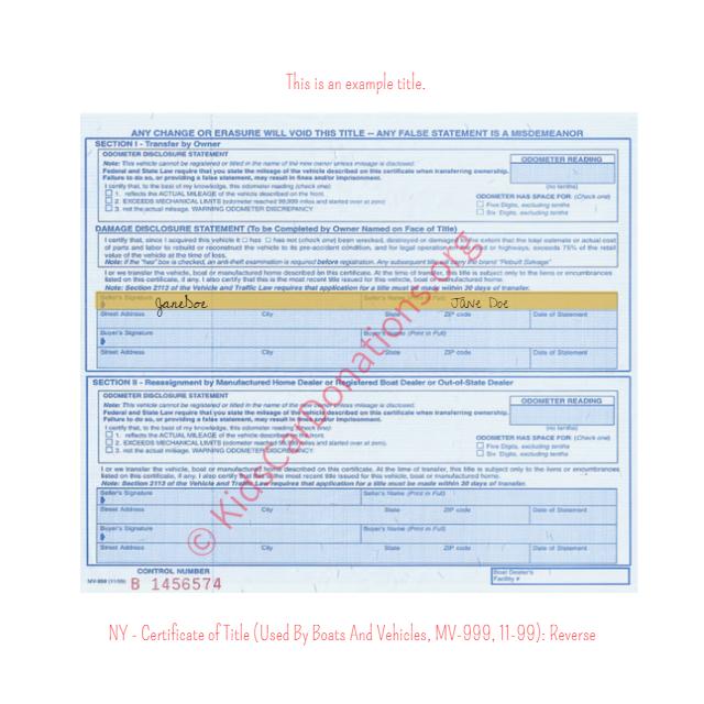 This is an Example of New York Certificate of Title (Used By Boats And Vehicles, MV-999, 11-99) Reverse View | Kids Car Donations